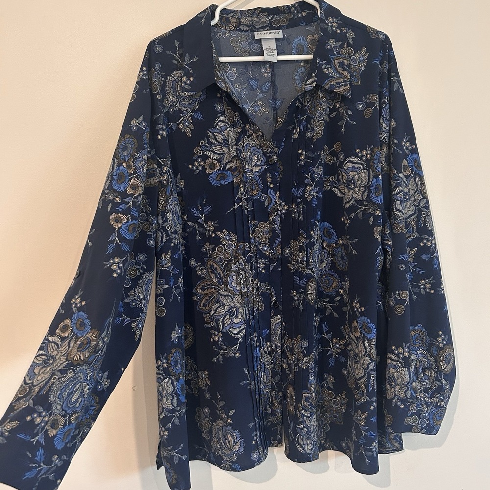 Catherine's Floral Button Up Shirt Sz 3X Blouse Roll Tab Sleeve Dark Blue 26/28W